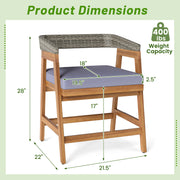 Costway - Outdoor Acacia Wood Patio Wicker Dining Chairs Set of 4 with Seat Cushion-Gray