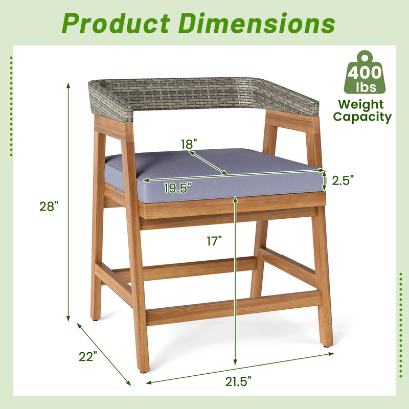 Costway - Outdoor Acacia Wood Patio Wicker Dining Chairs Set of 4 with Seat Cushion-Gray