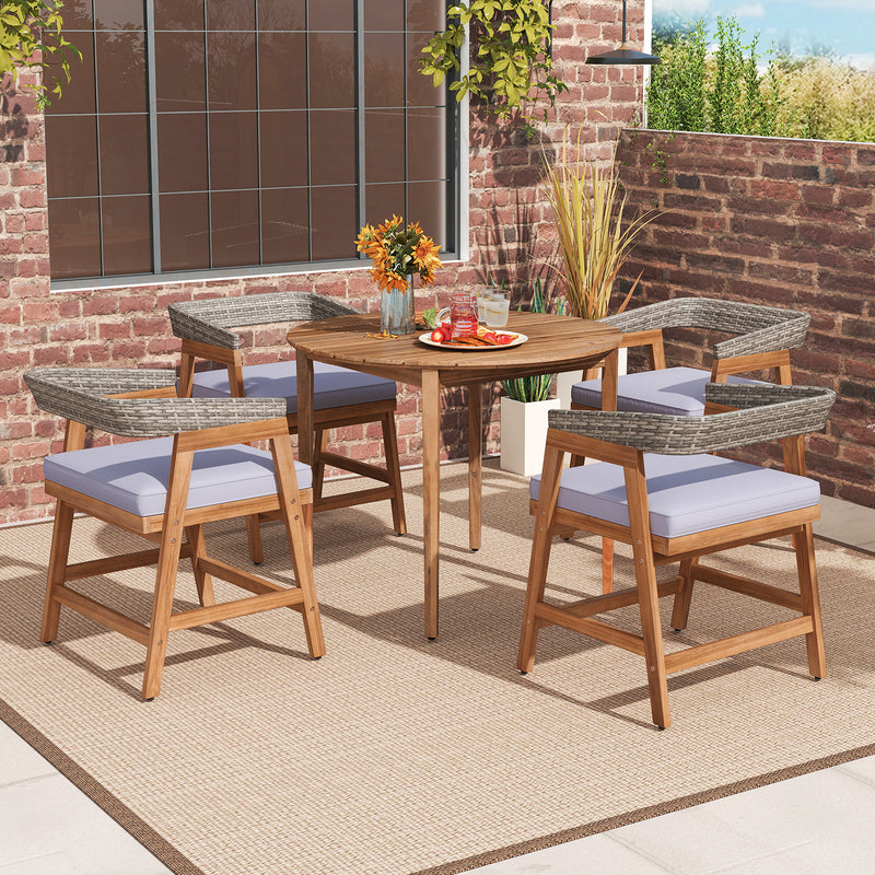 Costway - Outdoor Acacia Wood Patio Wicker Dining Chairs Set of 4 with Seat Cushion-Gray