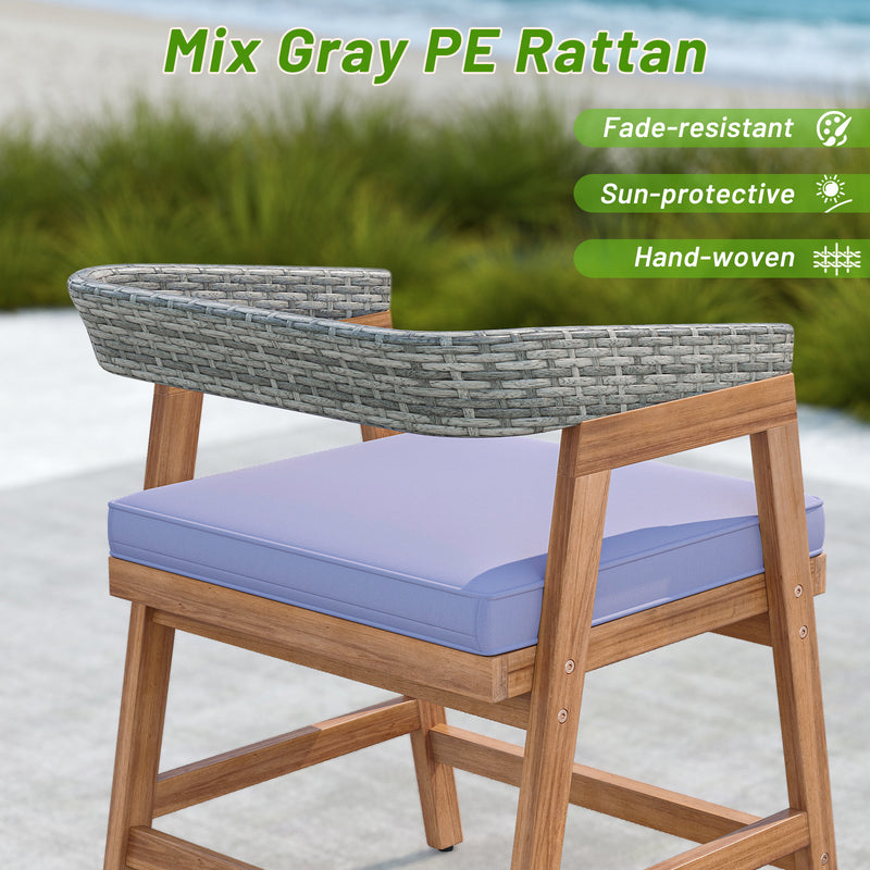 Costway - Outdoor Acacia Wood Patio Wicker Dining Chairs Set of 4 with Seat Cushion-Gray