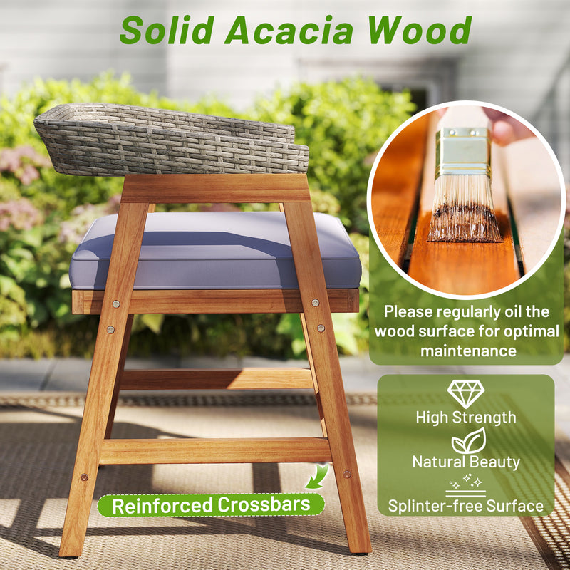 Costway - Outdoor Acacia Wood Patio Wicker Dining Chairs Set of 4 with Seat Cushion-Gray