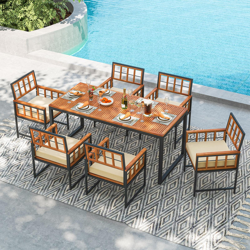 Costway - Set of 6 Patio Dining Chairs Acacia Wood Armchairs with Cushions