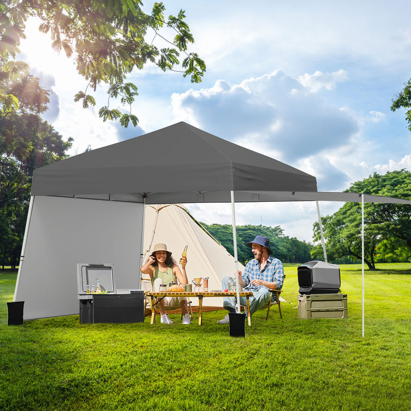 Costway - 14 x 9.2 Feet Pop up Canopy Tent with 2 Convertible Sidewalls to Awning and Stakes-Gray