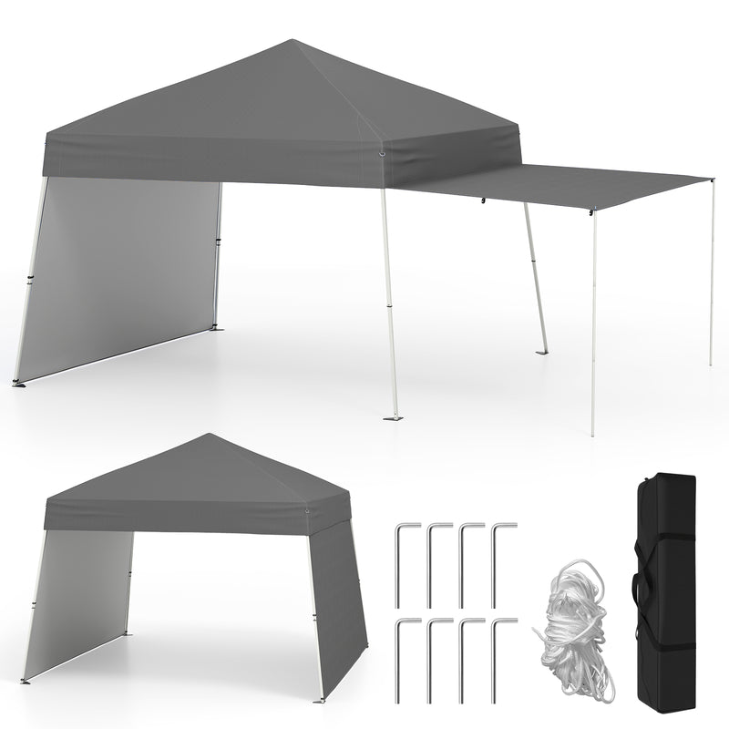 Costway - 14 x 9.2 Feet Pop up Canopy Tent with 2 Convertible Sidewalls to Awning and Stakes-Gray