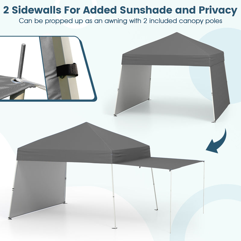 Costway - 14 x 9.2 Feet Pop up Canopy Tent with 2 Convertible Sidewalls to Awning and Stakes-Gray