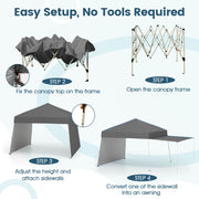 Costway - 14 x 9.2 Feet Pop up Canopy Tent with 2 Convertible Sidewalls to Awning and Stakes-Gray
