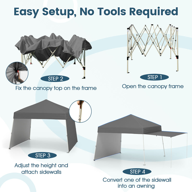 Costway - 14 x 9.2 Feet Pop up Canopy Tent with 2 Convertible Sidewalls to Awning and Stakes-Gray