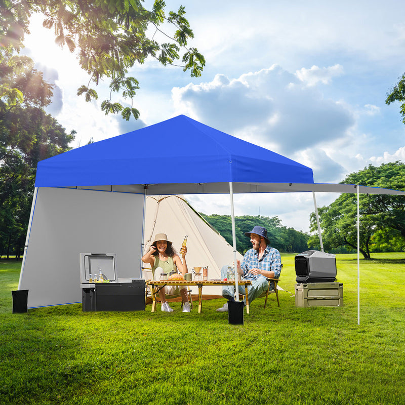 Costway - 14 x 9.2 Feet Pop up Canopy Tent with 2 Convertible Sidewalls to Awning and Stakes-Blue