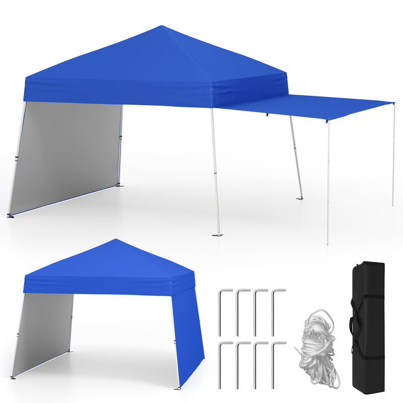 Costway - 14 x 9.2 Feet Pop up Canopy Tent with 2 Convertible Sidewalls to Awning and Stakes-Blue