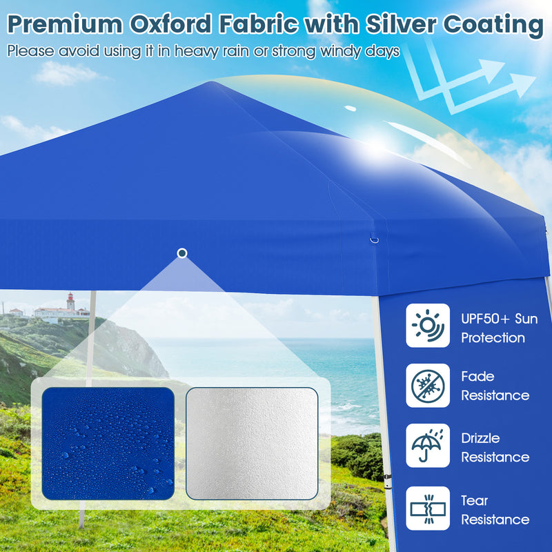 Costway - 14 x 9.2 Feet Pop up Canopy Tent with 2 Convertible Sidewalls to Awning and Stakes-Blue
