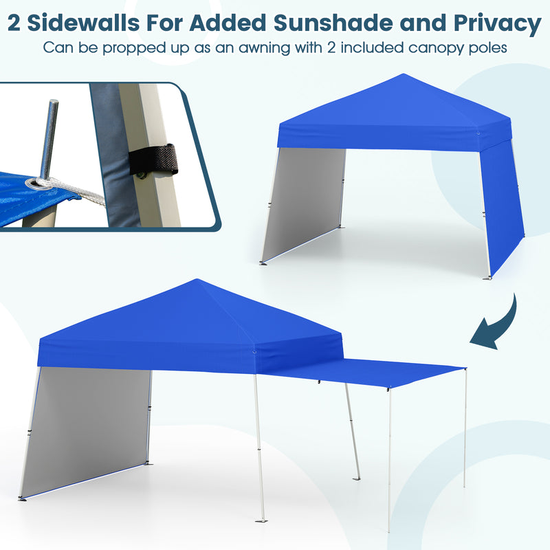 Costway - 14 x 9.2 Feet Pop up Canopy Tent with 2 Convertible Sidewalls to Awning and Stakes-Blue