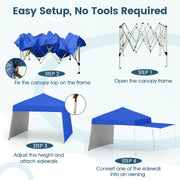 Costway - 14 x 9.2 Feet Pop up Canopy Tent with 2 Convertible Sidewalls to Awning and Stakes-Blue