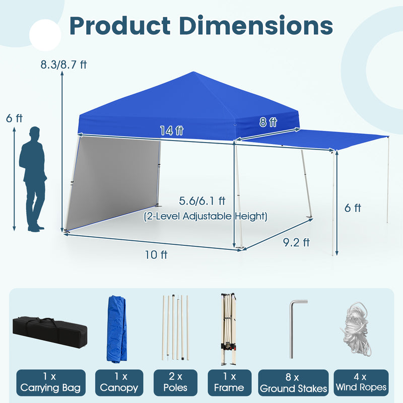 Costway - 14 x 9.2 Feet Pop up Canopy Tent with 2 Convertible Sidewalls to Awning and Stakes-Blue