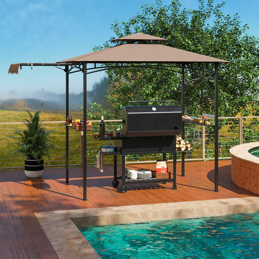 Costway - 11 x 5 FT Grill Gazebo with Side Awning and Double-Tiered Top-Brown