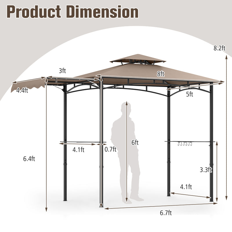 Costway - 11 x 5 FT Grill Gazebo with Side Awning and Double-Tiered Top-Brown
