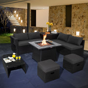 Costway - 9 Pieces Outdoor Wicker Sectional with 35 Inch Gas Fire Pit Table-Gray