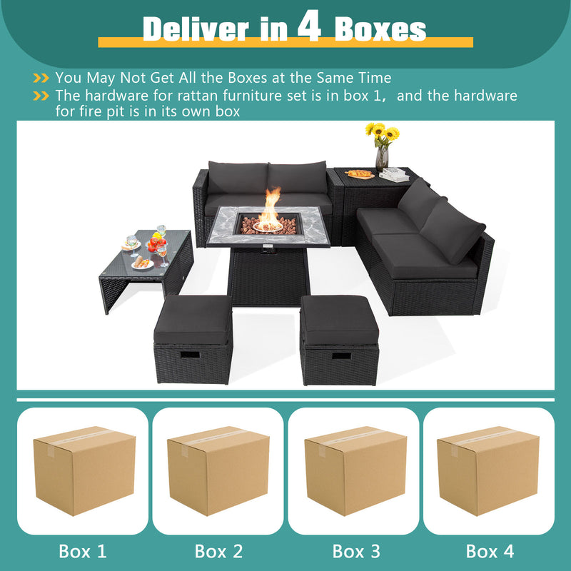 Costway - 9 Pieces Outdoor Wicker Sectional with 35 Inch Gas Fire Pit Table-Gray