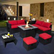 Costway - 9 Pieces Outdoor Wicker Sectional with 35 Inch Gas Fire Pit Table-Red