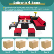 Costway - 9 Pieces Outdoor Wicker Sectional with 35 Inch Gas Fire Pit Table-Red