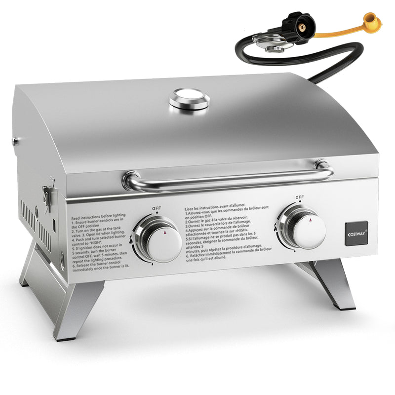 Costway - Stainless Steel Propane Grill with Lid for Outdoor Camping Tailgating Picnic Party-Silver