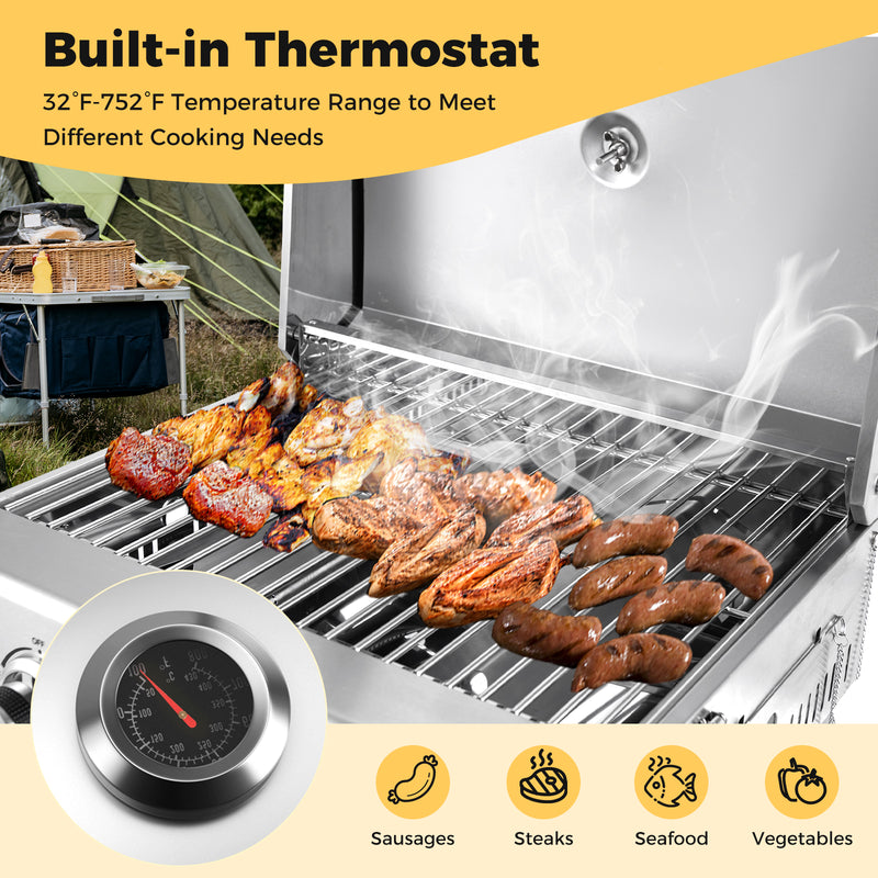 Costway - Stainless Steel Propane Grill with Lid for Outdoor Camping Tailgating Picnic Party-Silver