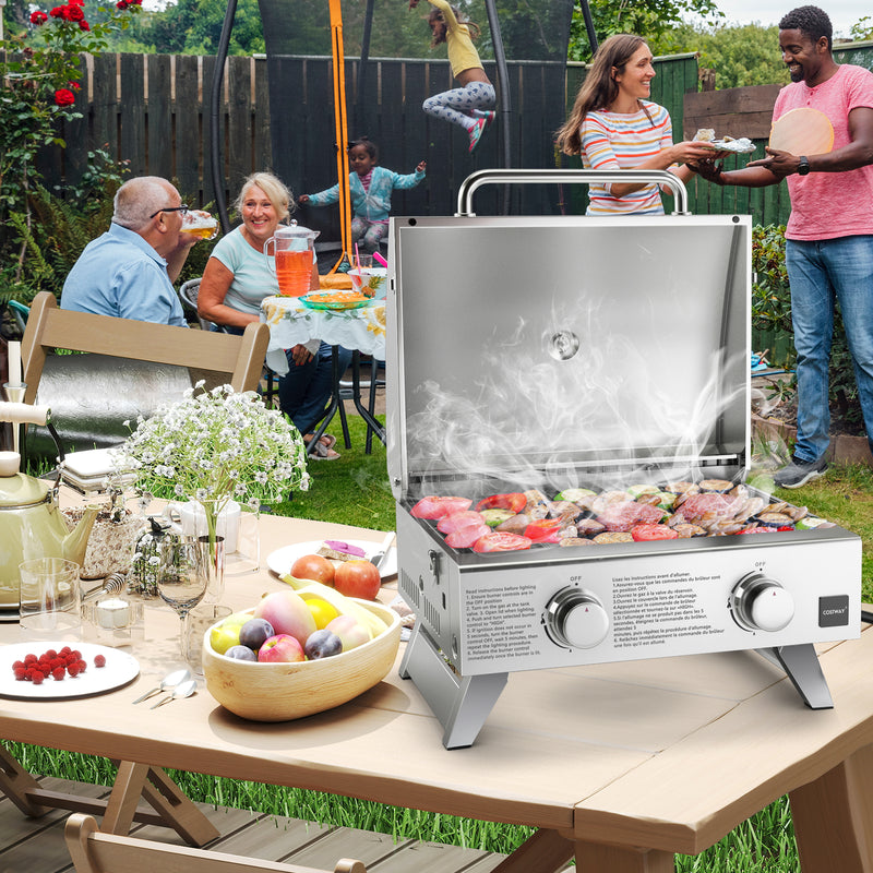 Costway - Stainless Steel Propane Grill with Lid for Outdoor Camping Tailgating Picnic Party-Silver