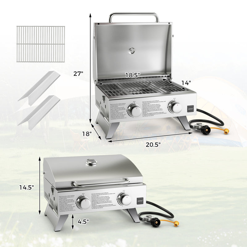 Costway - Stainless Steel Propane Grill with Lid for Outdoor Camping Tailgating Picnic Party-Silver