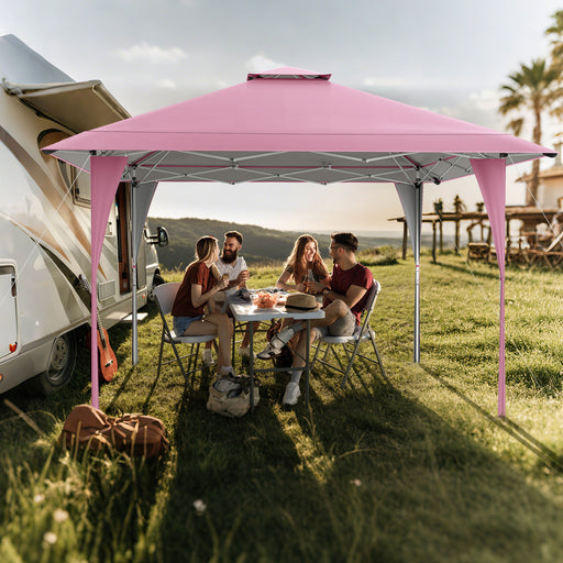 Costway - 13 X 13 FT Pop up Gazebo with Portable Carrying Bag 8 Stakes and 4 Wind Ropes-Pink