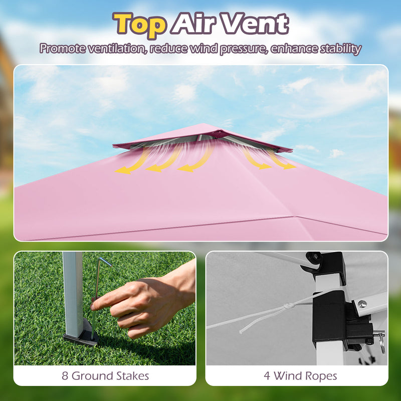 Costway - 13 X 13 FT Pop up Gazebo with Portable Carrying Bag 8 Stakes and 4 Wind Ropes-Pink