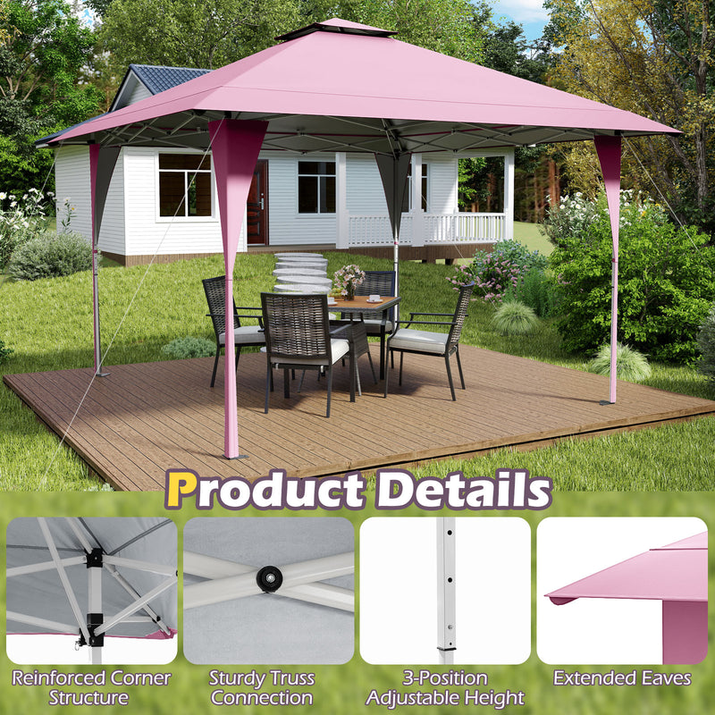 Costway - 13 X 13 FT Pop up Gazebo with Portable Carrying Bag 8 Stakes and 4 Wind Ropes-Pink