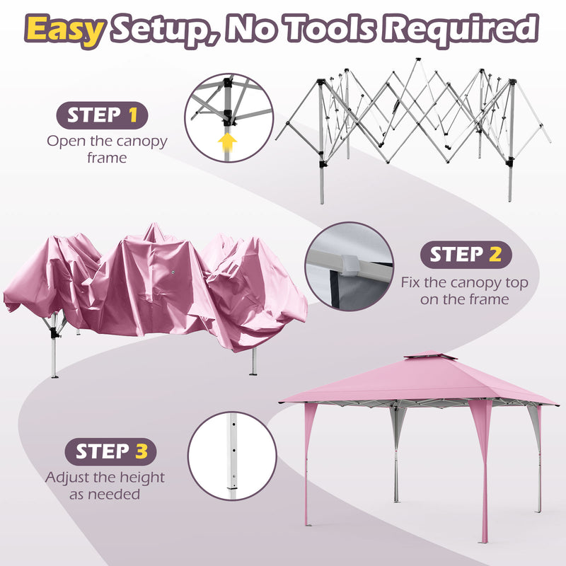 Costway - 13 X 13 FT Pop up Gazebo with Portable Carrying Bag 8 Stakes and 4 Wind Ropes-Pink