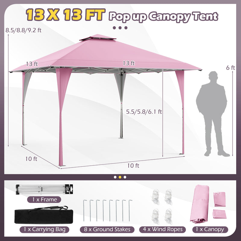 Costway - 13 X 13 FT Pop up Gazebo with Portable Carrying Bag 8 Stakes and 4 Wind Ropes-Pink