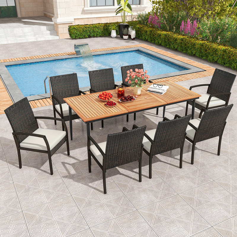 Costway - 9-Piece Patio Dining Set with Umbrella Hole and 8 Rattan-woven Dining Chairs with Seat Cushions