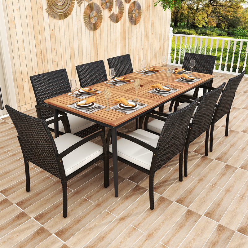 Costway - 9-Piece Patio Dining Set with Umbrella Hole and 8 Rattan-woven Dining Chairs with Seat Cushions