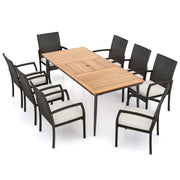 Costway - 9-Piece Patio Dining Set with Umbrella Hole and 8 Rattan-woven Dining Chairs with Seat Cushions