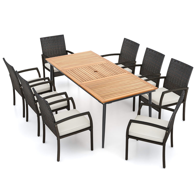 Costway - 9-Piece Patio Dining Set with Umbrella Hole and 8 Rattan-woven Dining Chairs with Seat Cushions