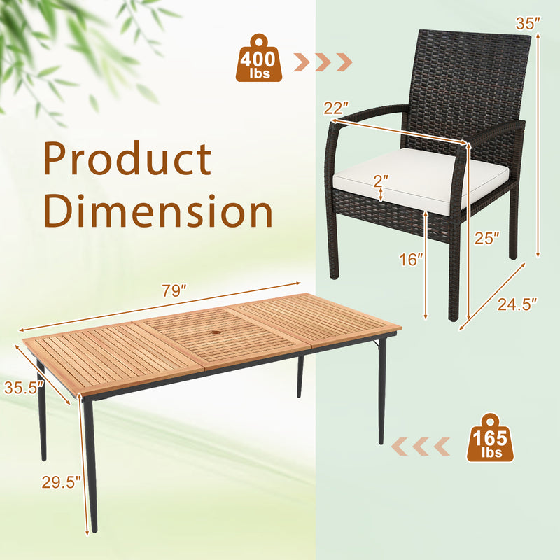Costway - 9-Piece Patio Dining Set with Umbrella Hole and 8 Rattan-woven Dining Chairs with Seat Cushions