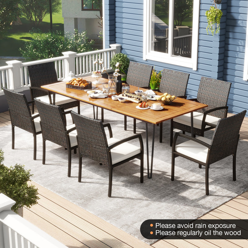 Costway - 9 Pieces Outdoor Patio Dining Set with Soft Cushions and Acacia Wood Square Table