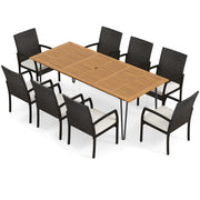 Costway - 9 Pieces Outdoor Patio Dining Set with Soft Cushions and Acacia Wood Square Table