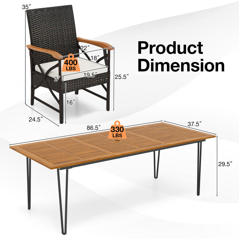 Costway - Wicker Patio Furniture Set of 8 Armchairs with Soft Cushions and Acacia Wood Square Table