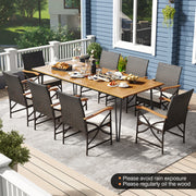Costway - Wicker Patio Furniture Set of 8 Armchairs with Soft Cushions and Acacia Wood Square Table