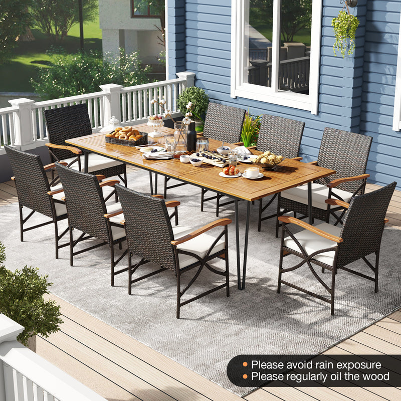 Costway - Wicker Patio Furniture Set of 8 Armchairs with Soft Cushions and Acacia Wood Square Table