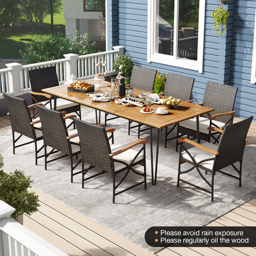 Costway - Wicker Patio Furniture Set of 8 Armchairs with Soft Cushions and Acacia Wood Square Table