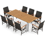 Costway - Wicker Patio Furniture Set of 8 Armchairs with Soft Cushions and Acacia Wood Square Table