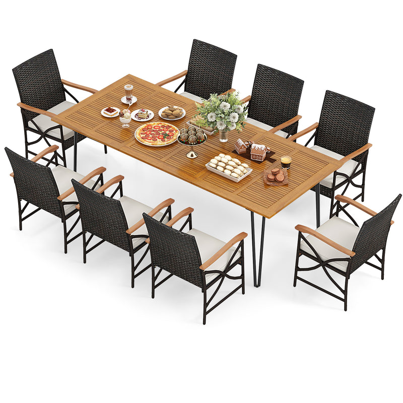 Costway - Wicker Patio Furniture Set of 8 Armchairs with Soft Cushions and Acacia Wood Square Table