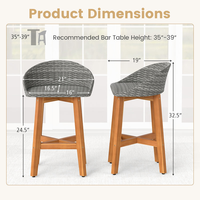 Costway - Outdoor Faux Rattan Bar Chairs Set of 2 with Ergonomic Backrests and Footrests-Gray