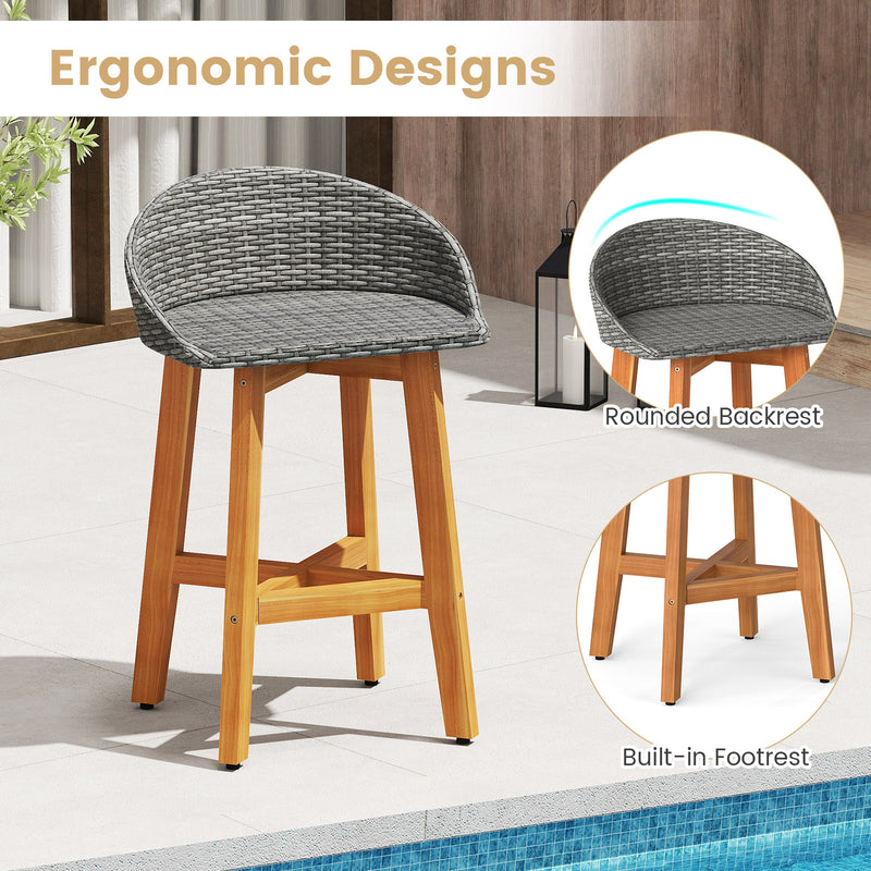 Costway - Outdoor Faux Rattan Bar Chairs Set of 2 with Ergonomic Backrests and Footrests-Gray