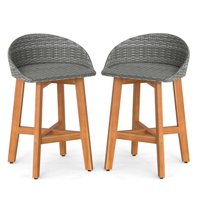 Costway - Outdoor Faux Rattan Bar Chairs Set of 2 with Ergonomic Backrests and Footrests-Gray