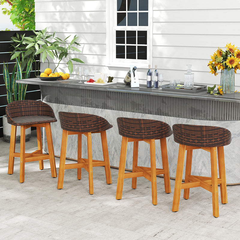 Costway - Outdoor Faux Rattan Bar Chairs Set of 2 with Ergonomic Backrests and Footrests-Brown