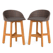 Costway - Outdoor Faux Rattan Bar Chairs Set of 2 with Ergonomic Backrests and Footrests-Brown